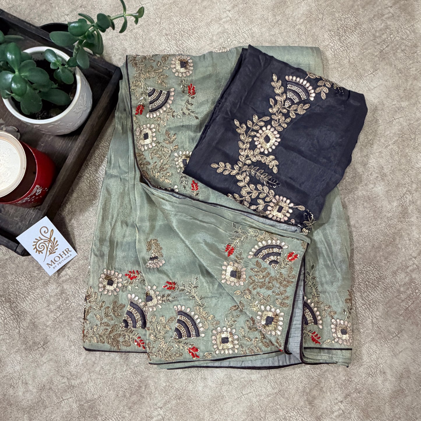 Zardozi work on Sea green tissue saree