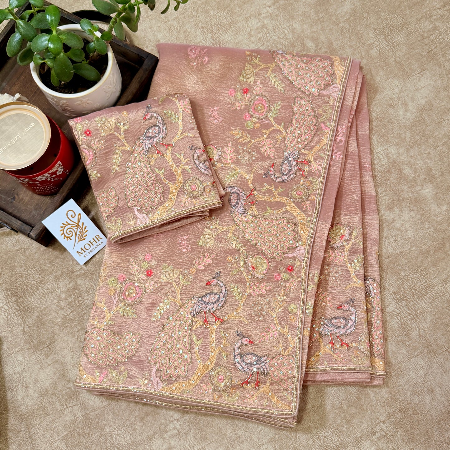 Baby pink crush tissue saree with Zardozi work