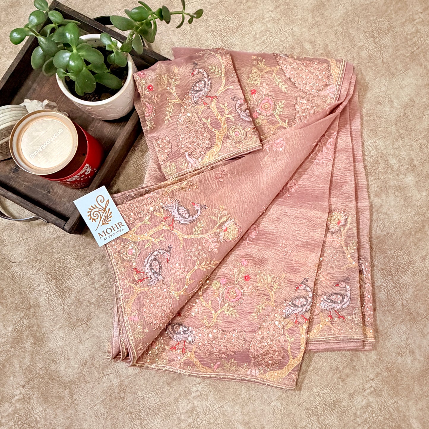 Baby pink crush tissue saree with Zardozi work