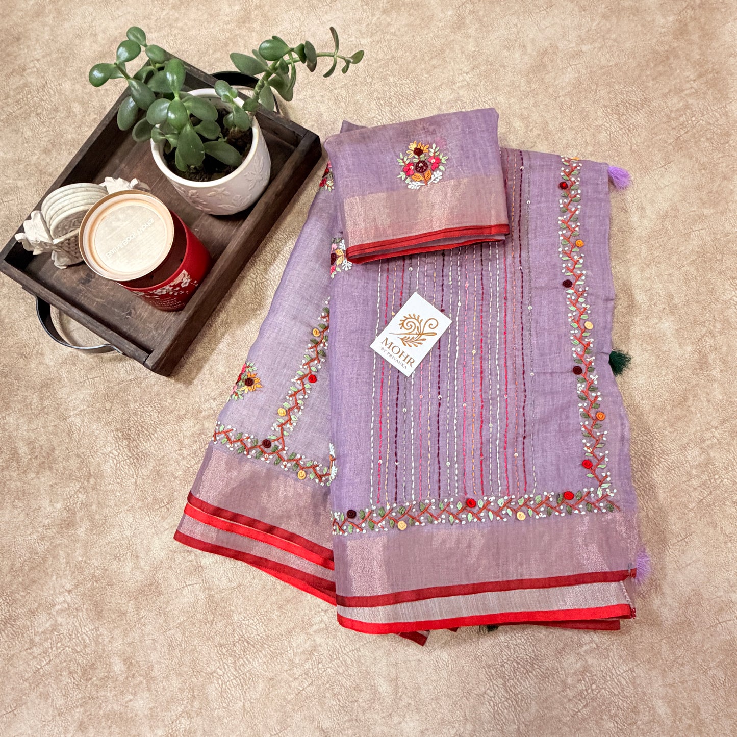 Bullion work on Linen tissue Lavender saree