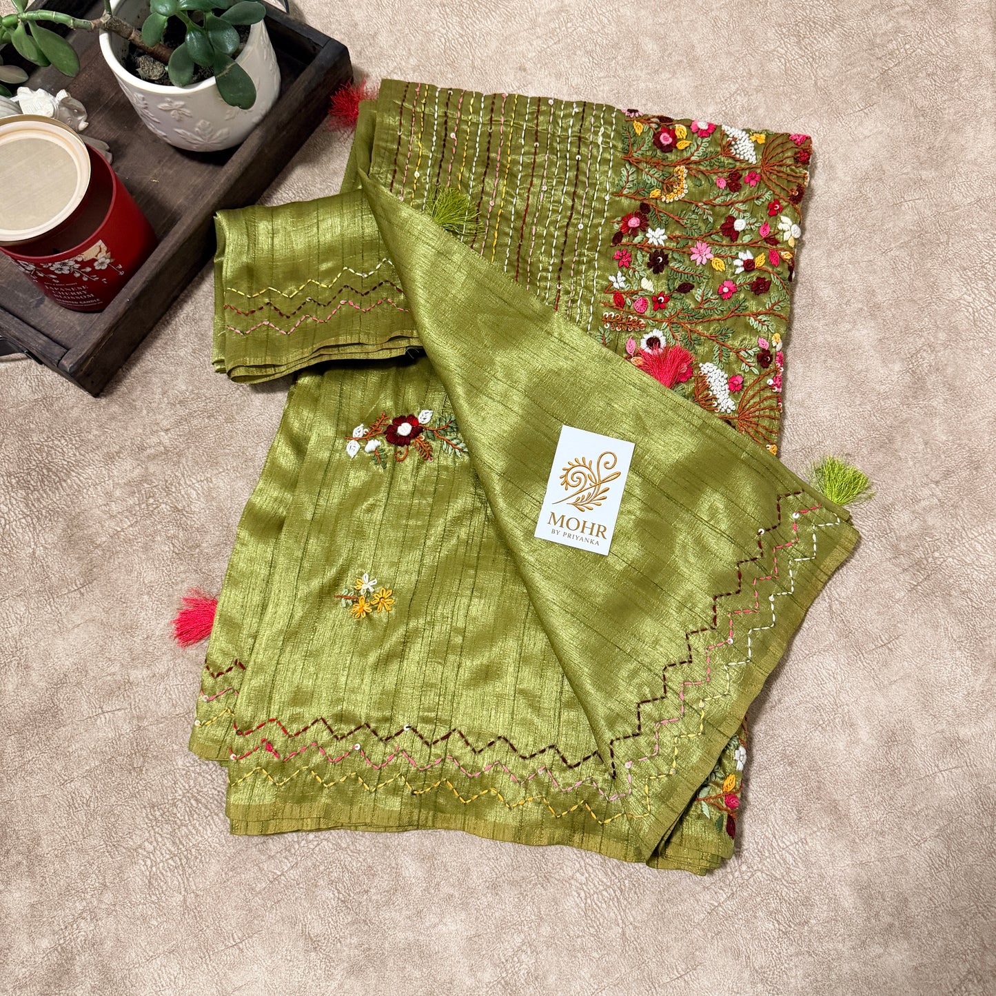 Bullion work on Mehendi green soft silk saree