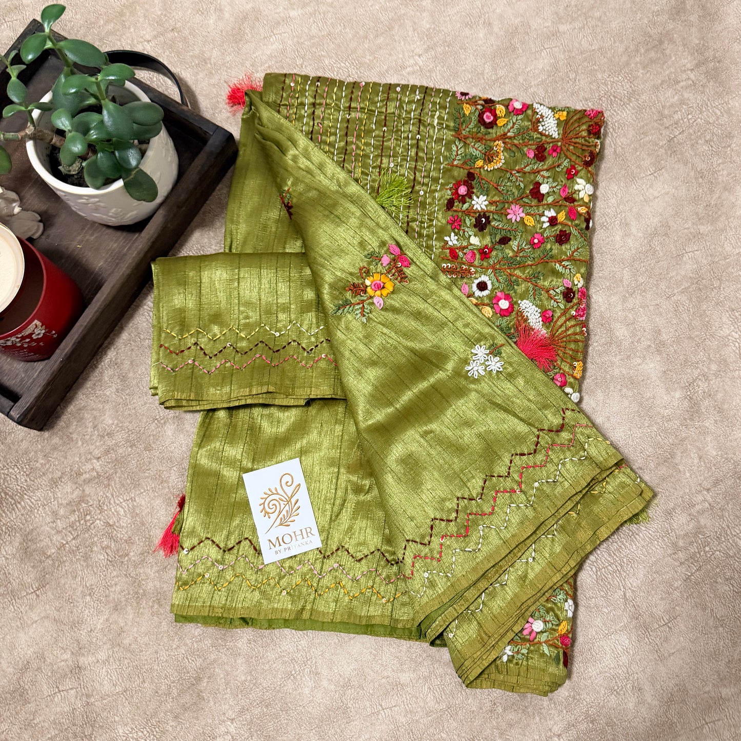 Bullion work on Mehendi green soft silk saree