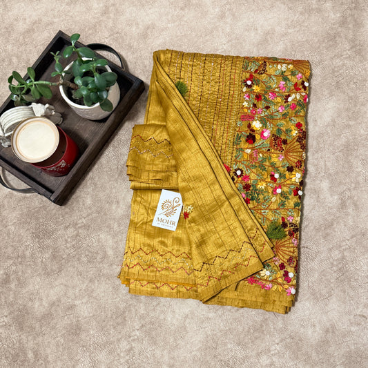Bullion work on Golden yellow soft silk saree