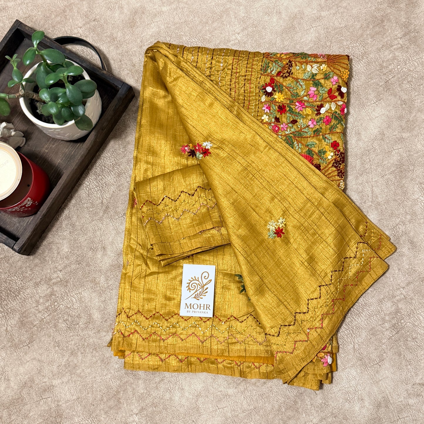 Bullion work on Golden yellow soft silk saree