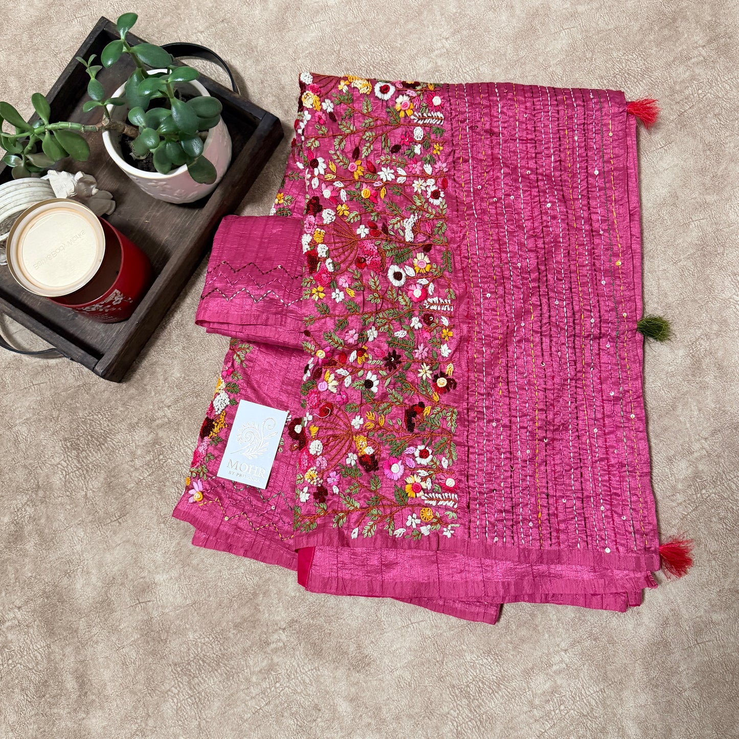 Bullion work on Onion Pink soft silk saree