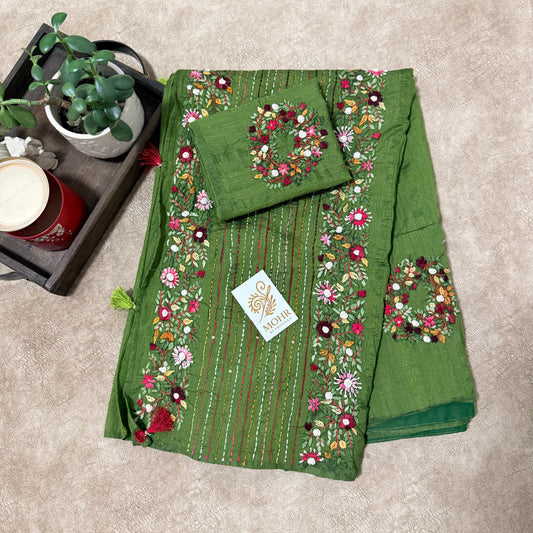 Bullion work on Green soft silk saree