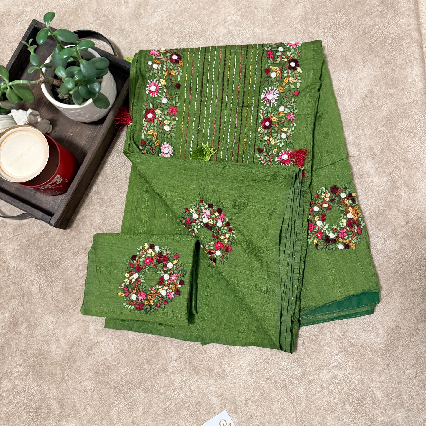 Bullion work on Green soft silk saree