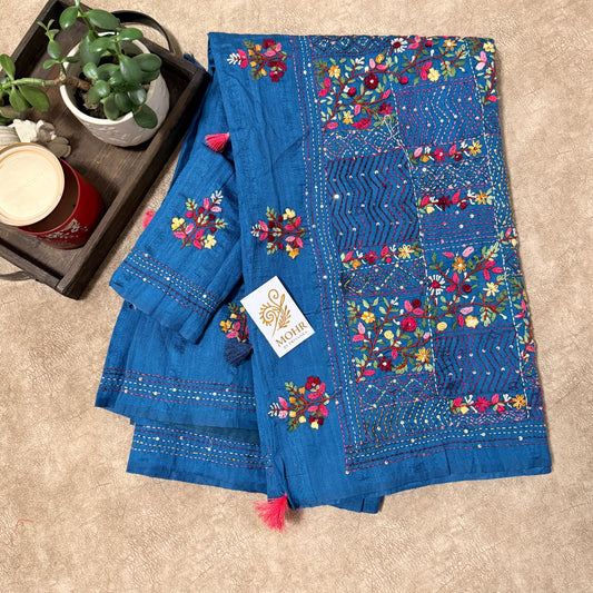 Bullion work Blue soft silk saree