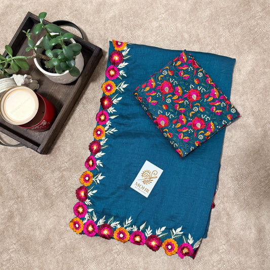 Blue soft silk saree with flower border