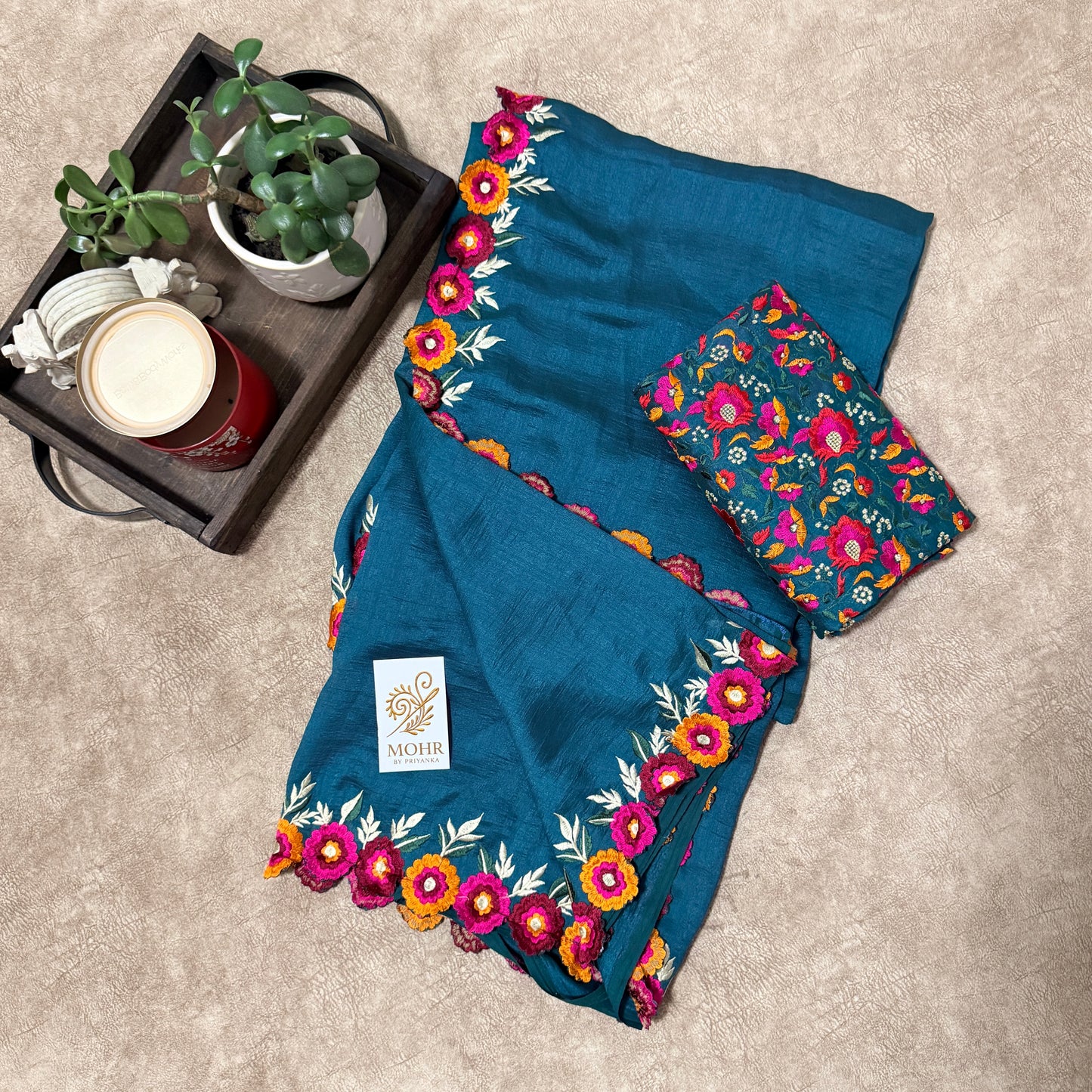Blue soft silk saree with flower border