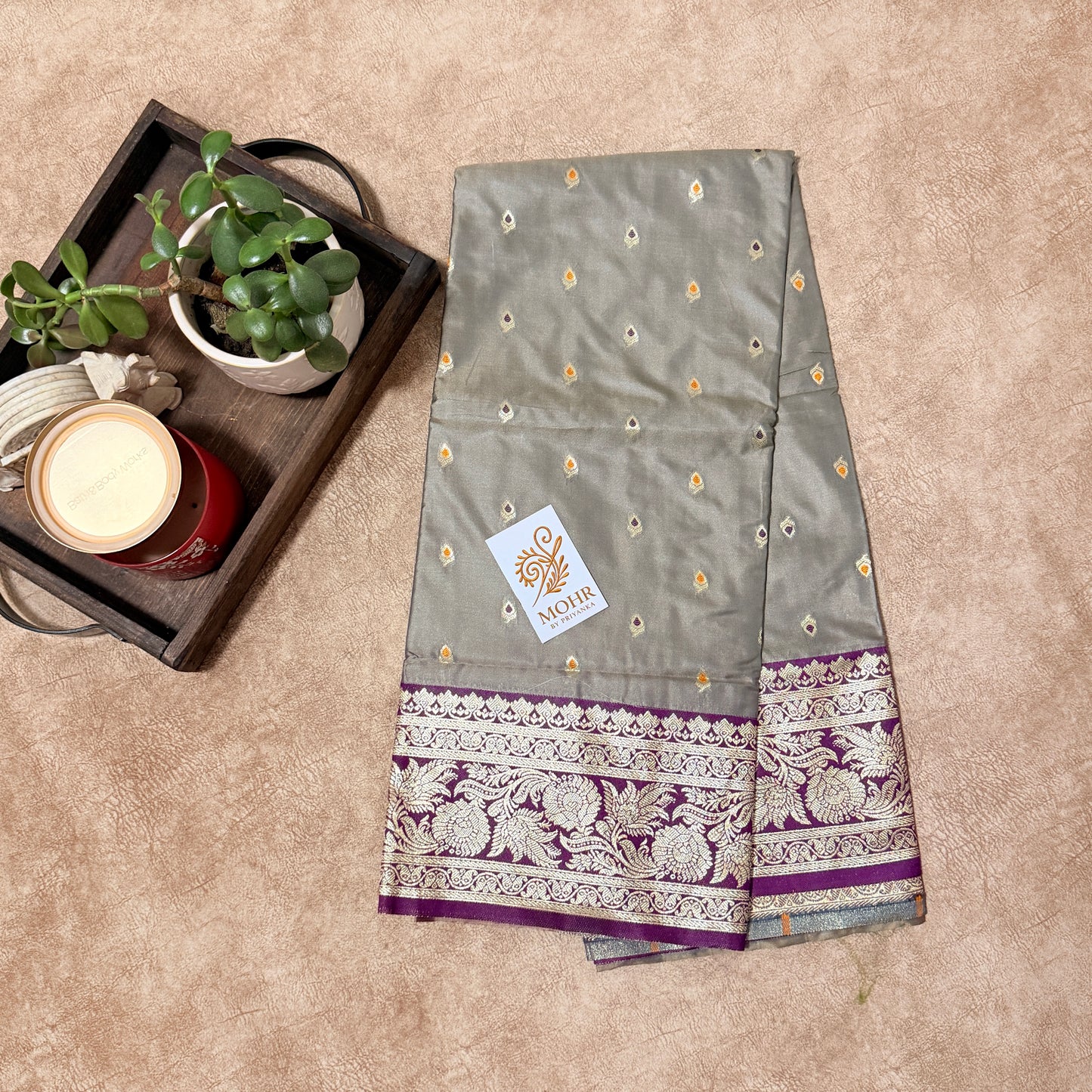 Silver Grey/ Wine Banarasi saree