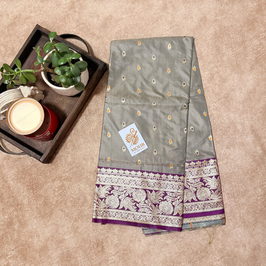 Silver Grey/ Wine Banarasi saree