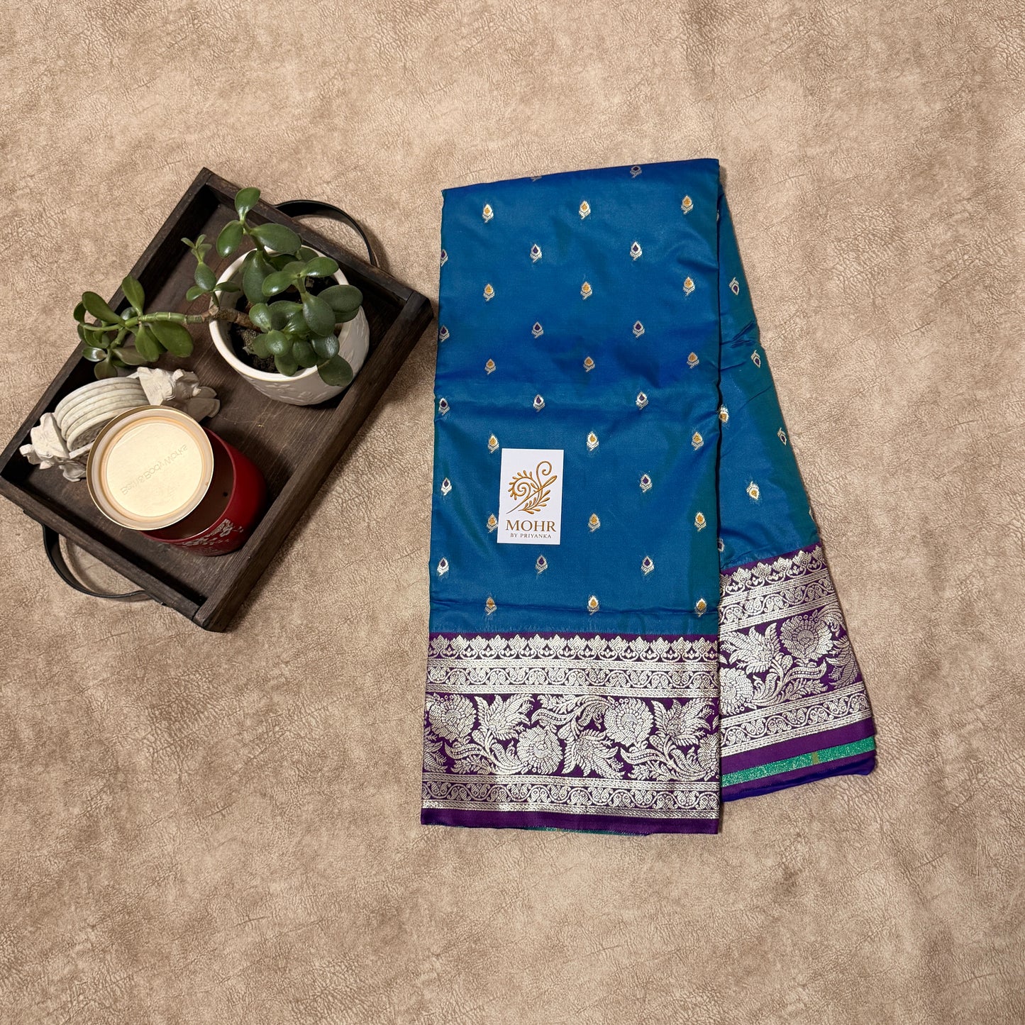 Peacock blue/wine Banarasi saree