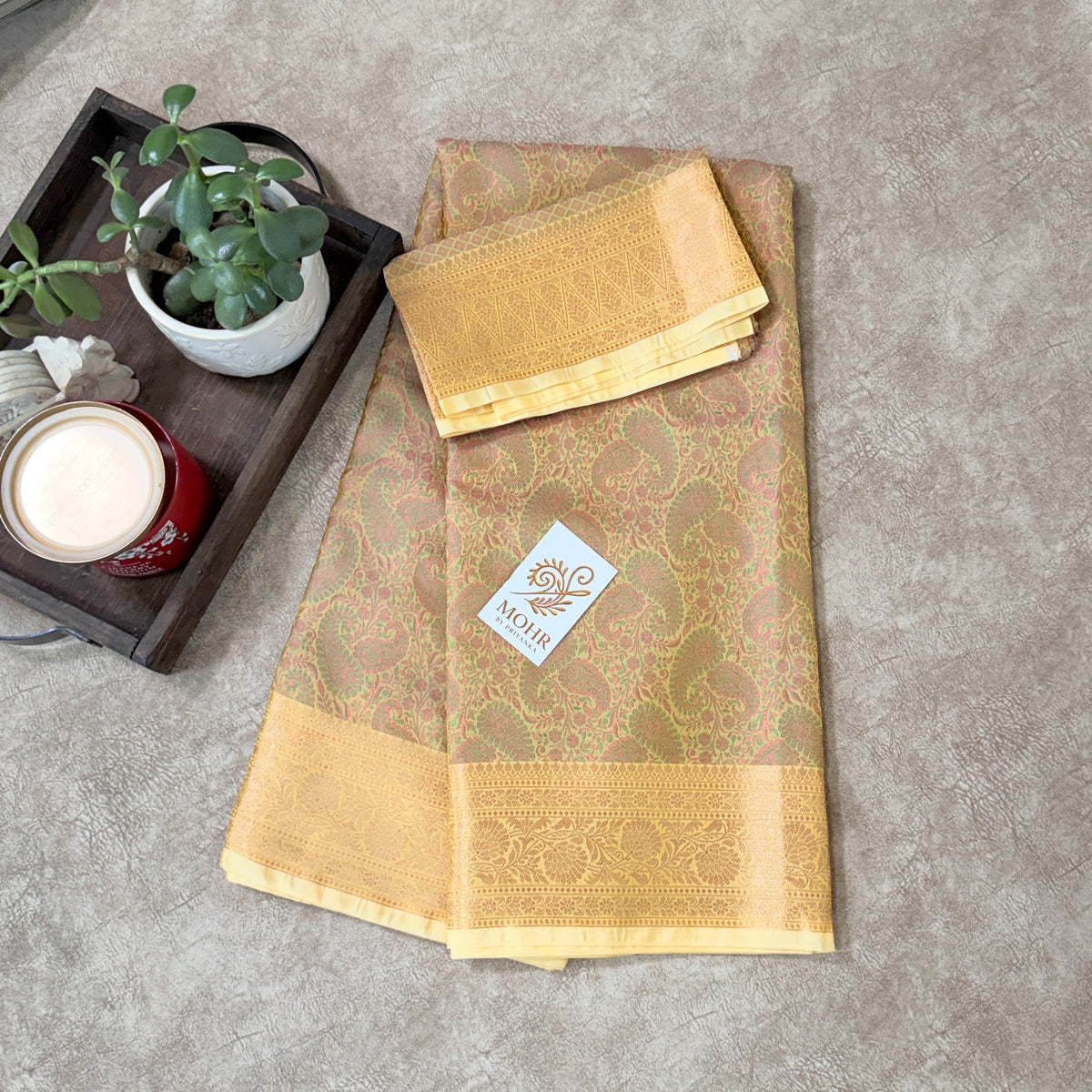Pastel yellow pashmina Jaal banarasi