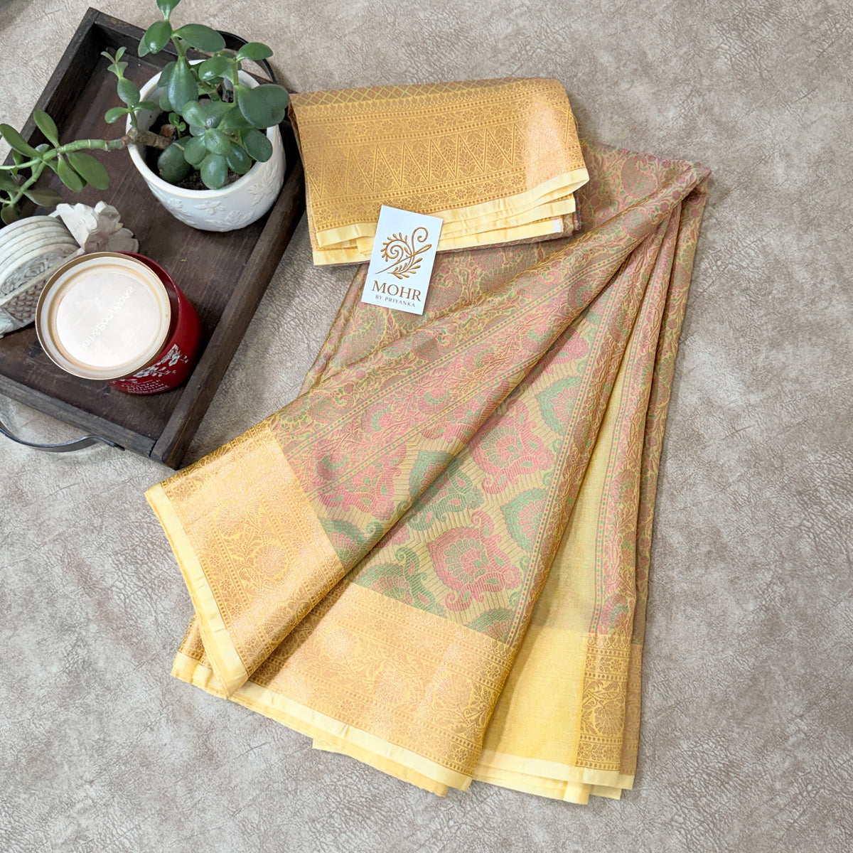 Pastel yellow pashmina Jaal banarasi