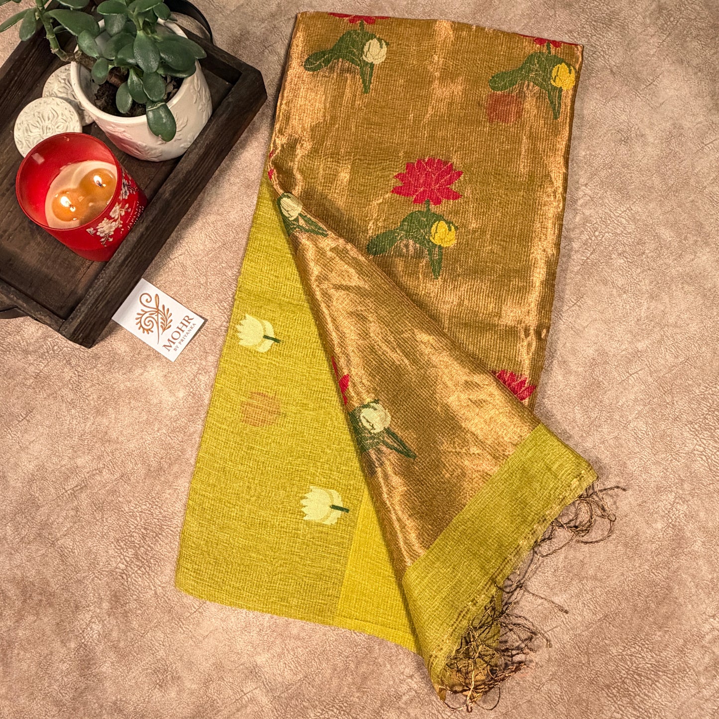 Green Silk Linen (Lotus motif)