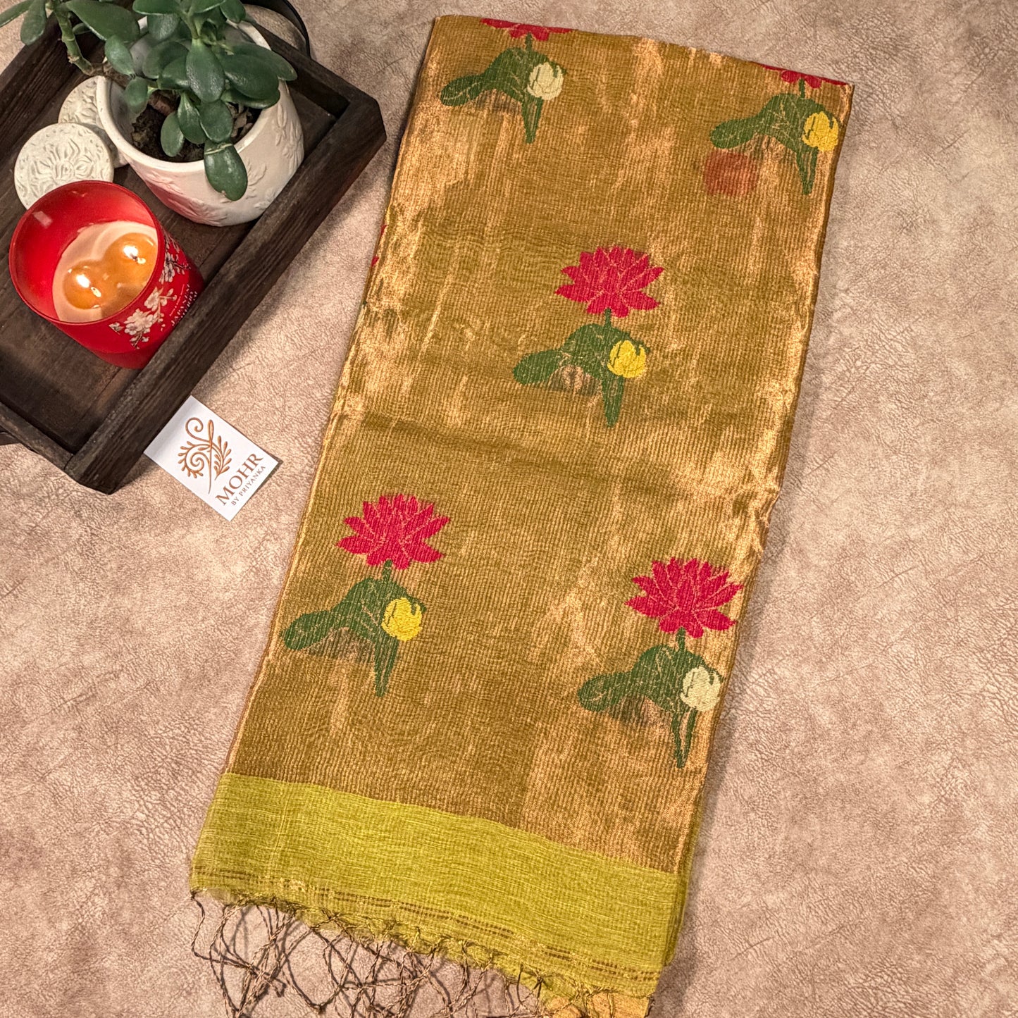 Green Silk Linen (Lotus motif)