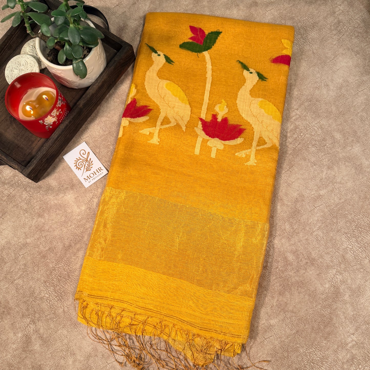 Yellow Silk Linen (Stork motif)