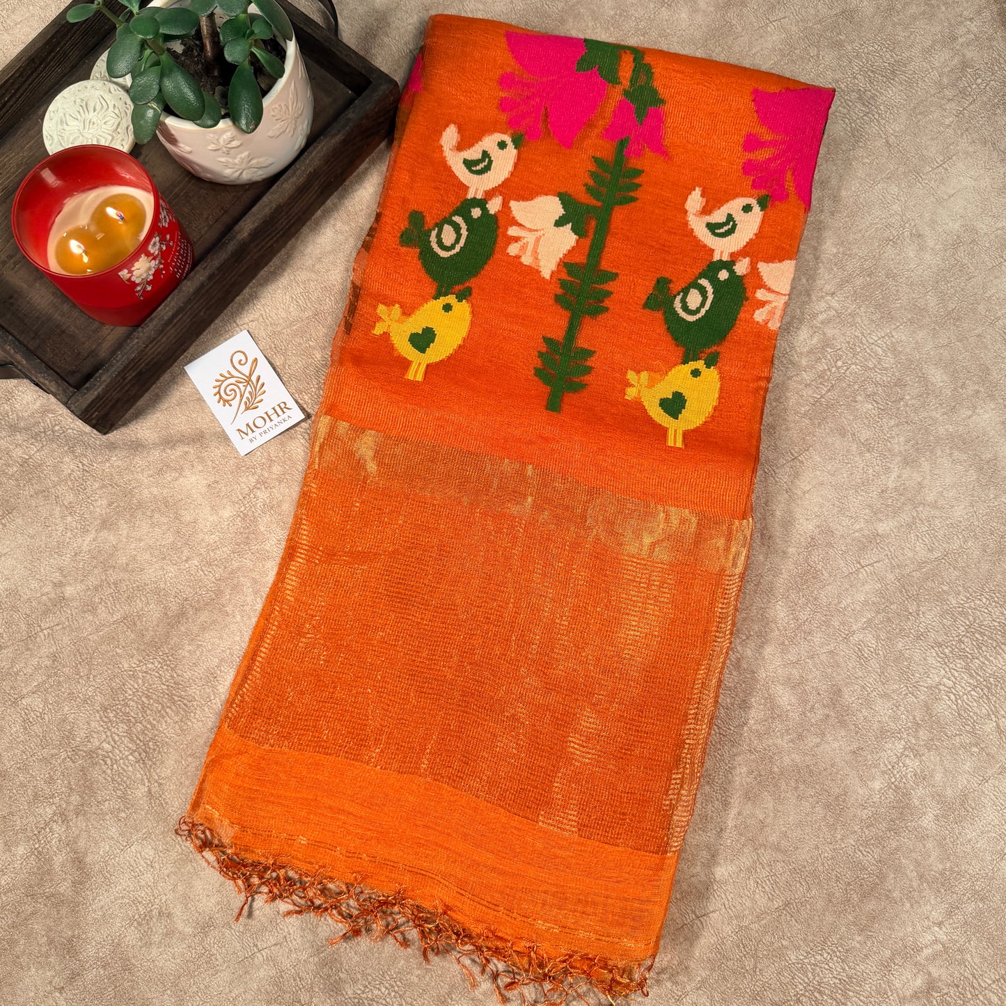 Orange Silk Linen Jamdani