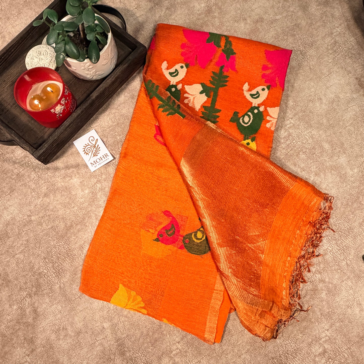 Orange Silk Linen Jamdani