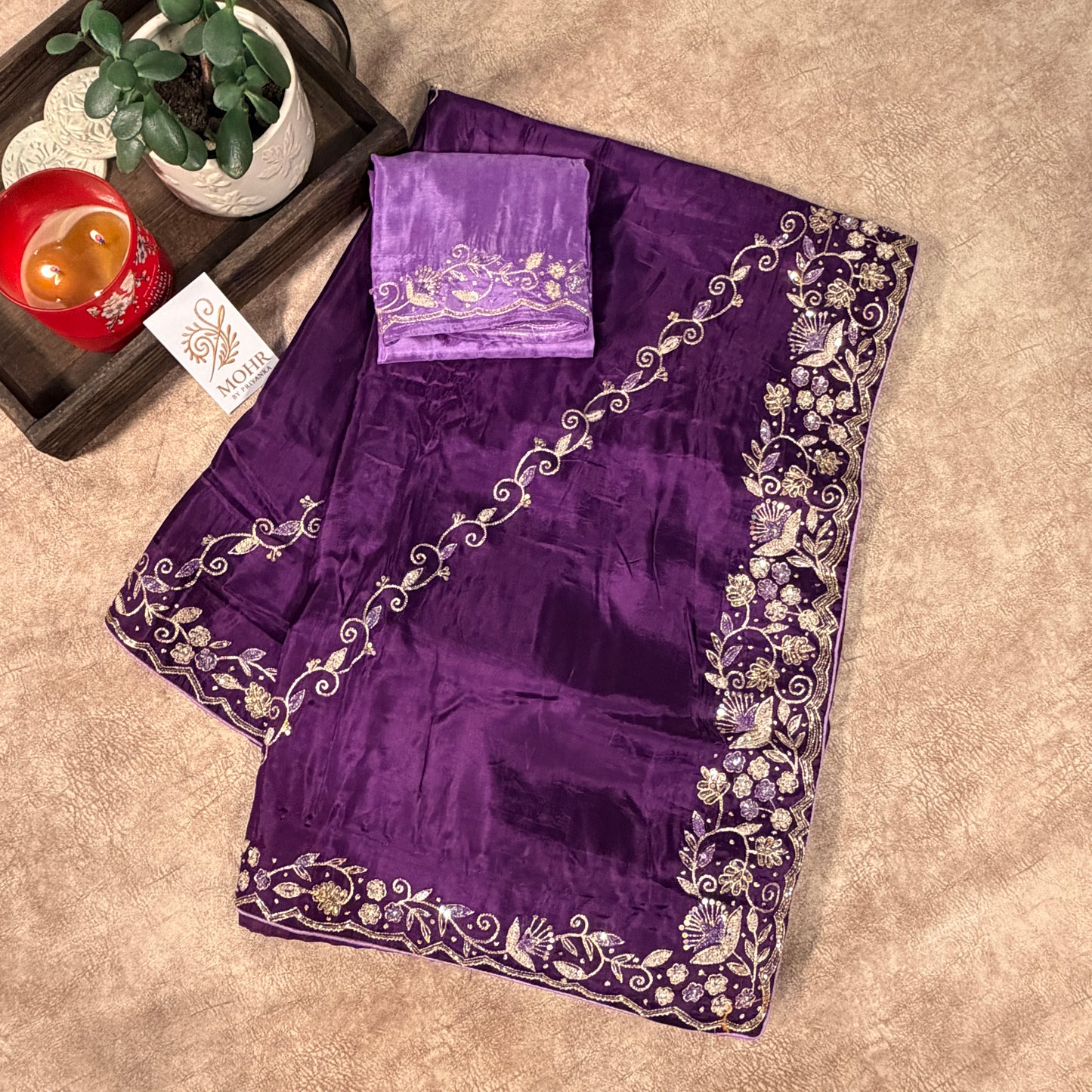 Zardozi work on Deep Purple Crepe Saree