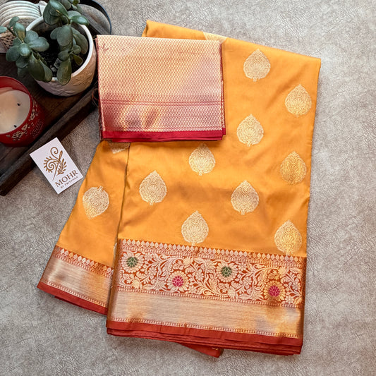 Haldi Yellow/Red Semi Katan Silk