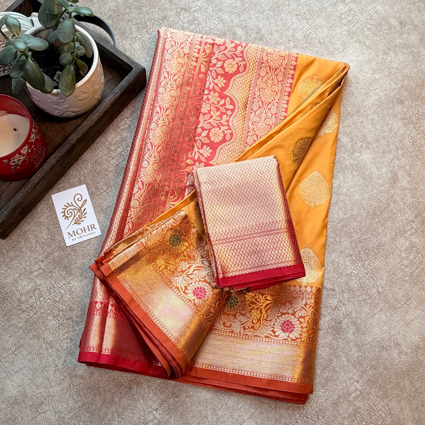 Haldi Yellow/Red Semi Katan Silk